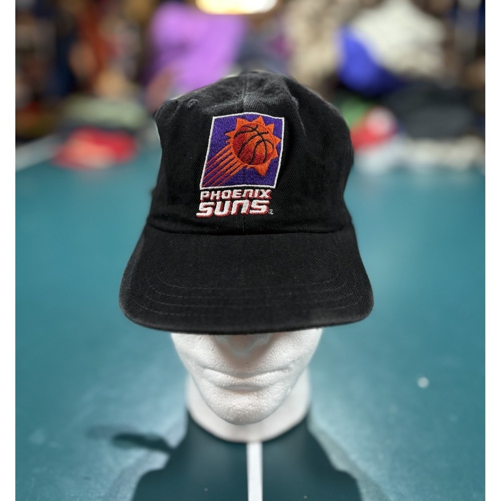 Vintage 90s Phoenix Suns StrapBack Hat Cap Black Sunburst Logo Leather Strap AJD